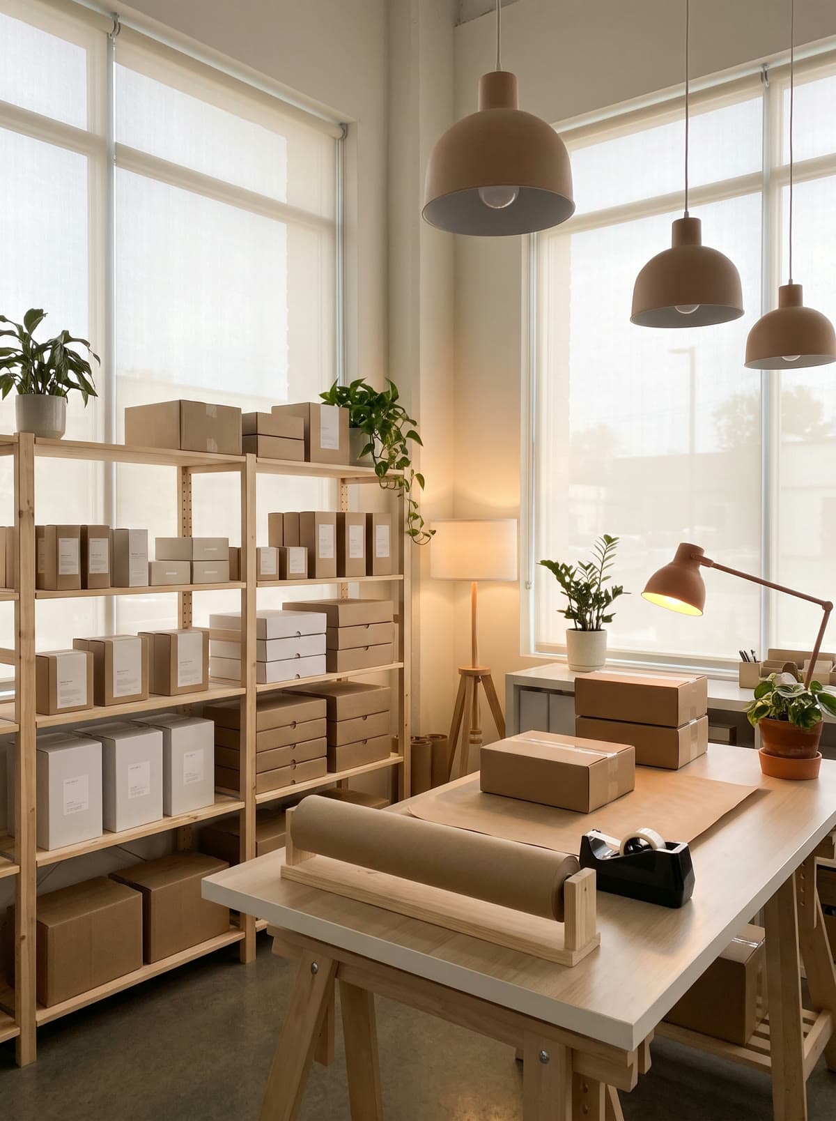 Aufgeräumtes E-Commerce-Studio mit Produktregalen und Packtisch im Tageslicht