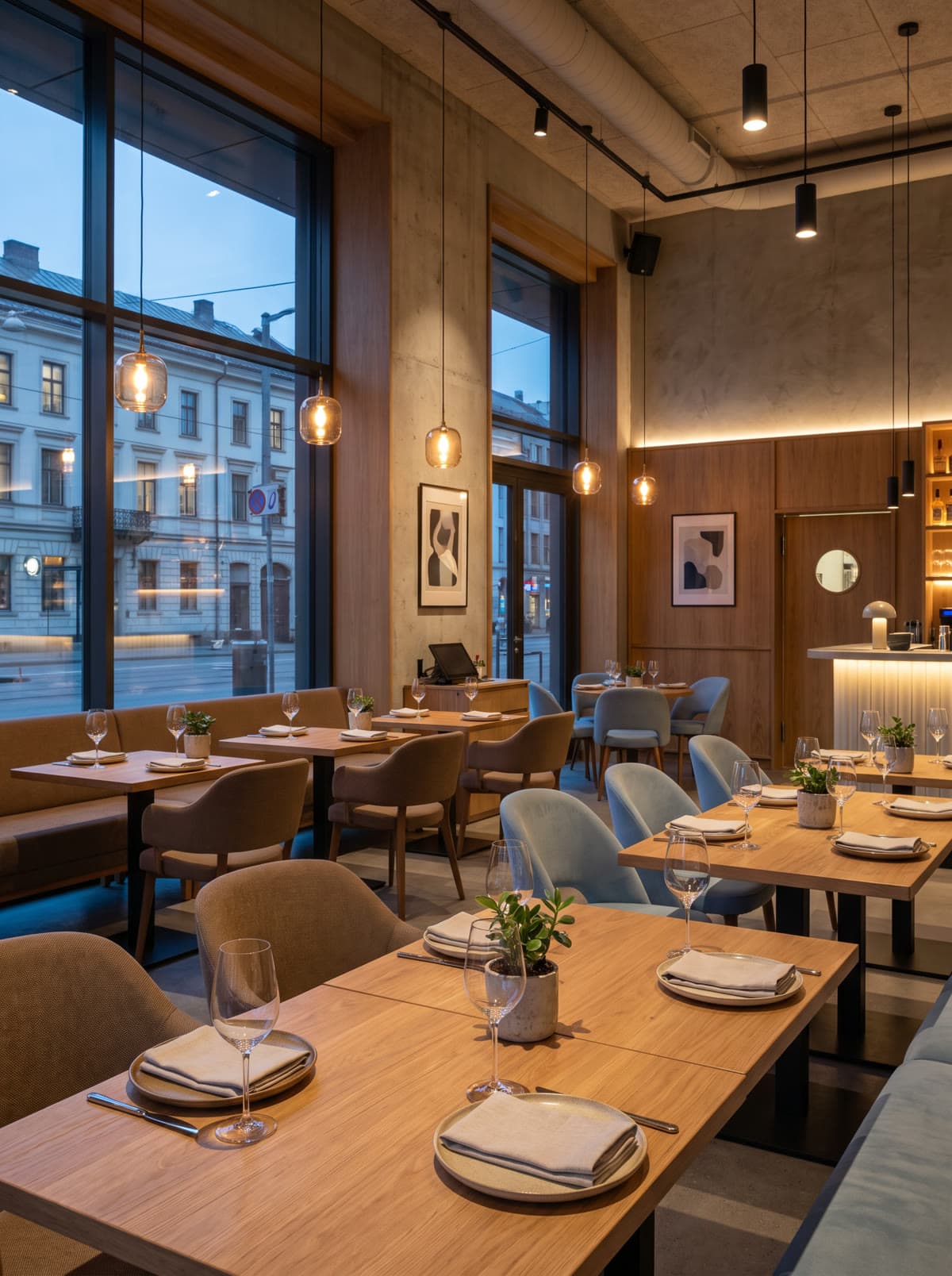 Einladend eingedeckter Tisch in einem modernen Restaurant mit warmem Abendlicht