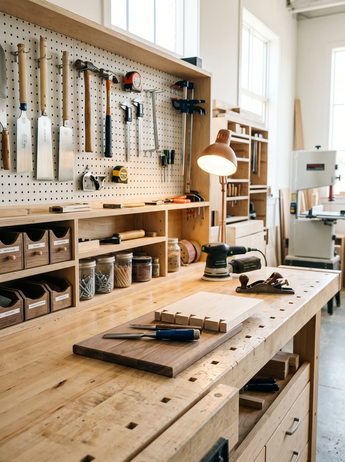 Helle, aufgeräumte Holzwerkstatt mit Werkzeugwand und Werkbank im Tageslicht