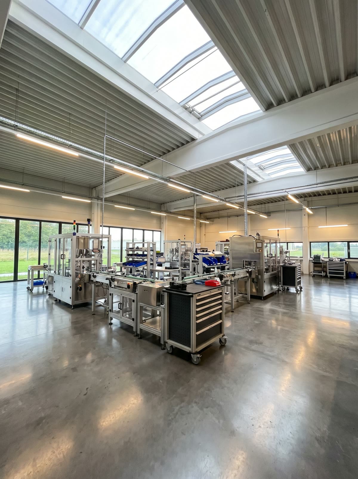 Helle moderne Produktionshalle mit sauberen Maschinen und Oberlichtern