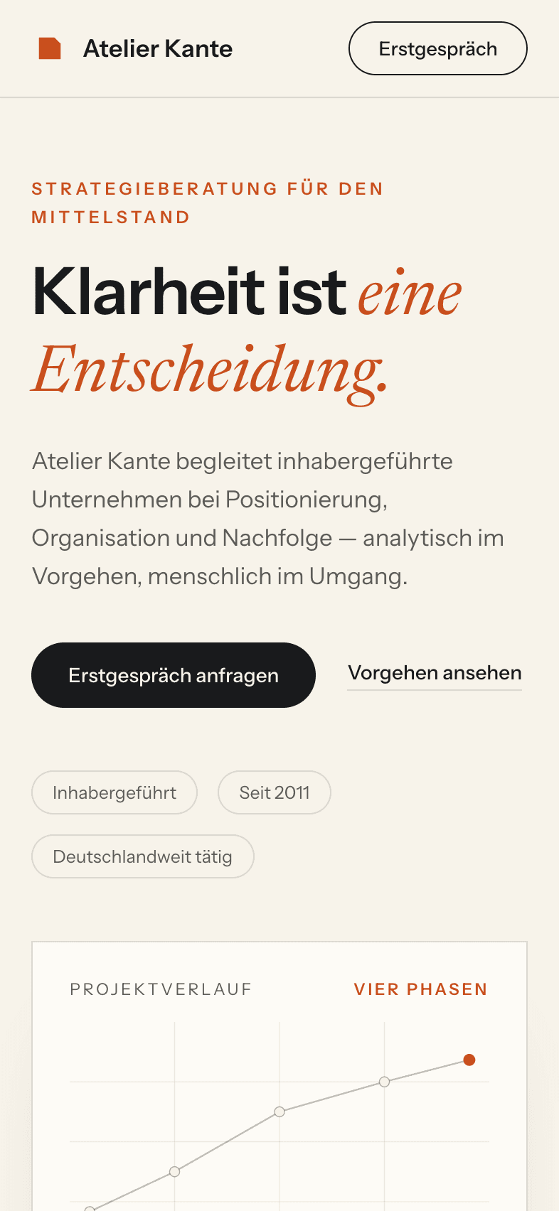 Mobile Startseite der Website für Atelier Kante