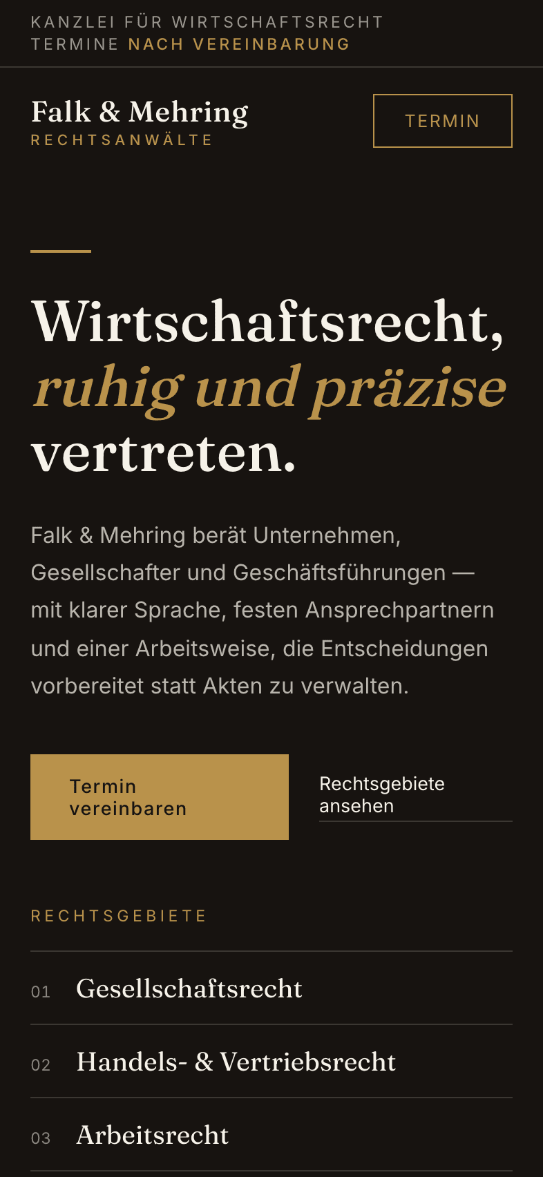 Mobile Startseite der Konzeptwebsite für Falk & Mehring
