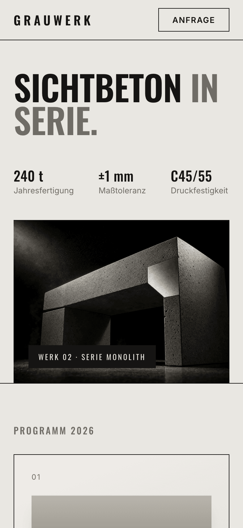 Mobile Startseite der Konzeptwebsite für Grauwerk