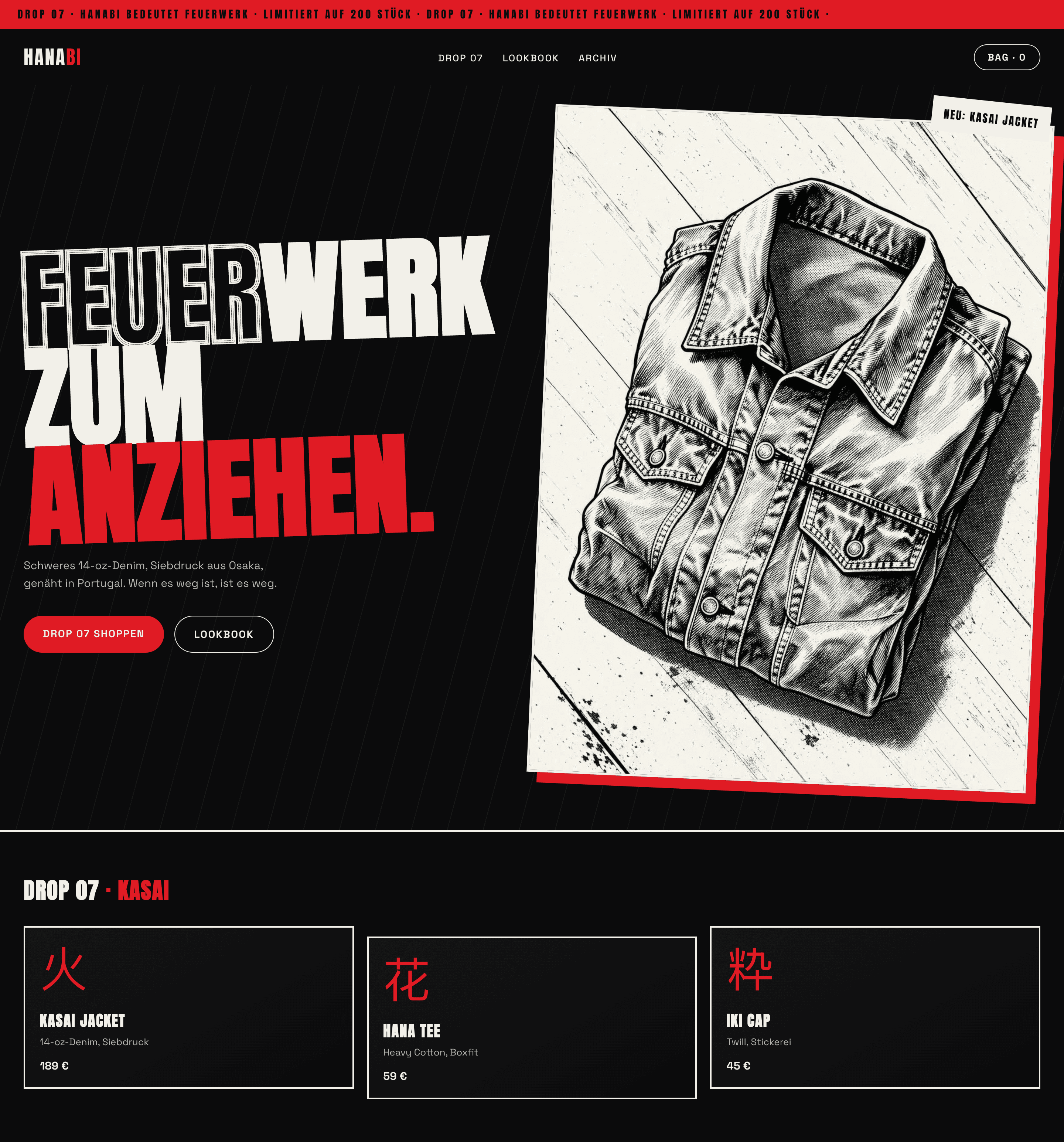 Startseite der Konzeptwebsite für Hanabi