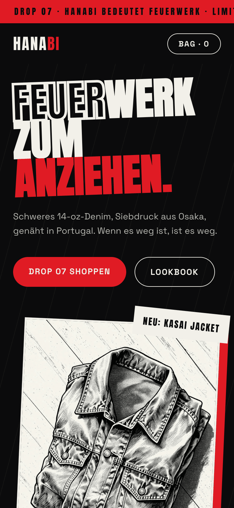 Mobile Startseite der Website für Hanabi