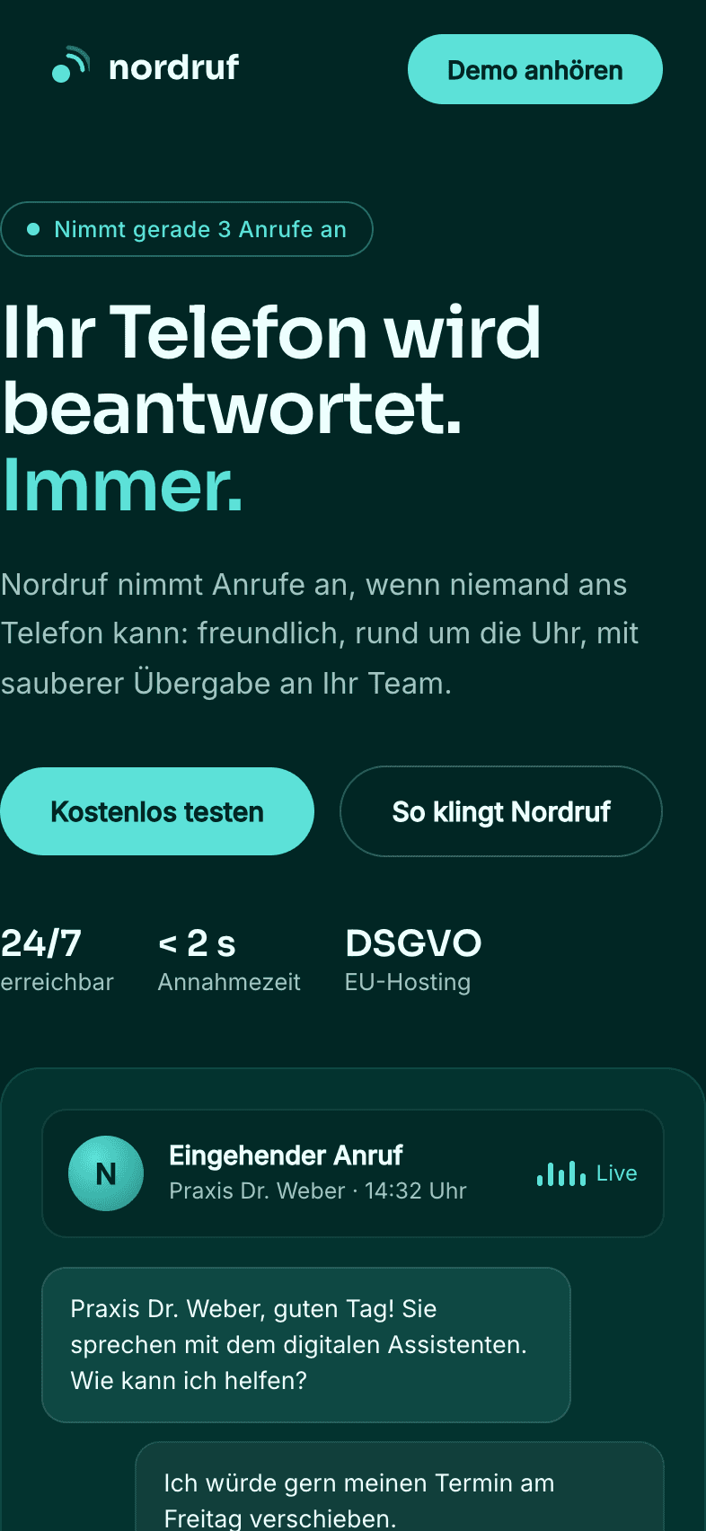 Mobile Startseite der Konzeptwebsite für Nordruf