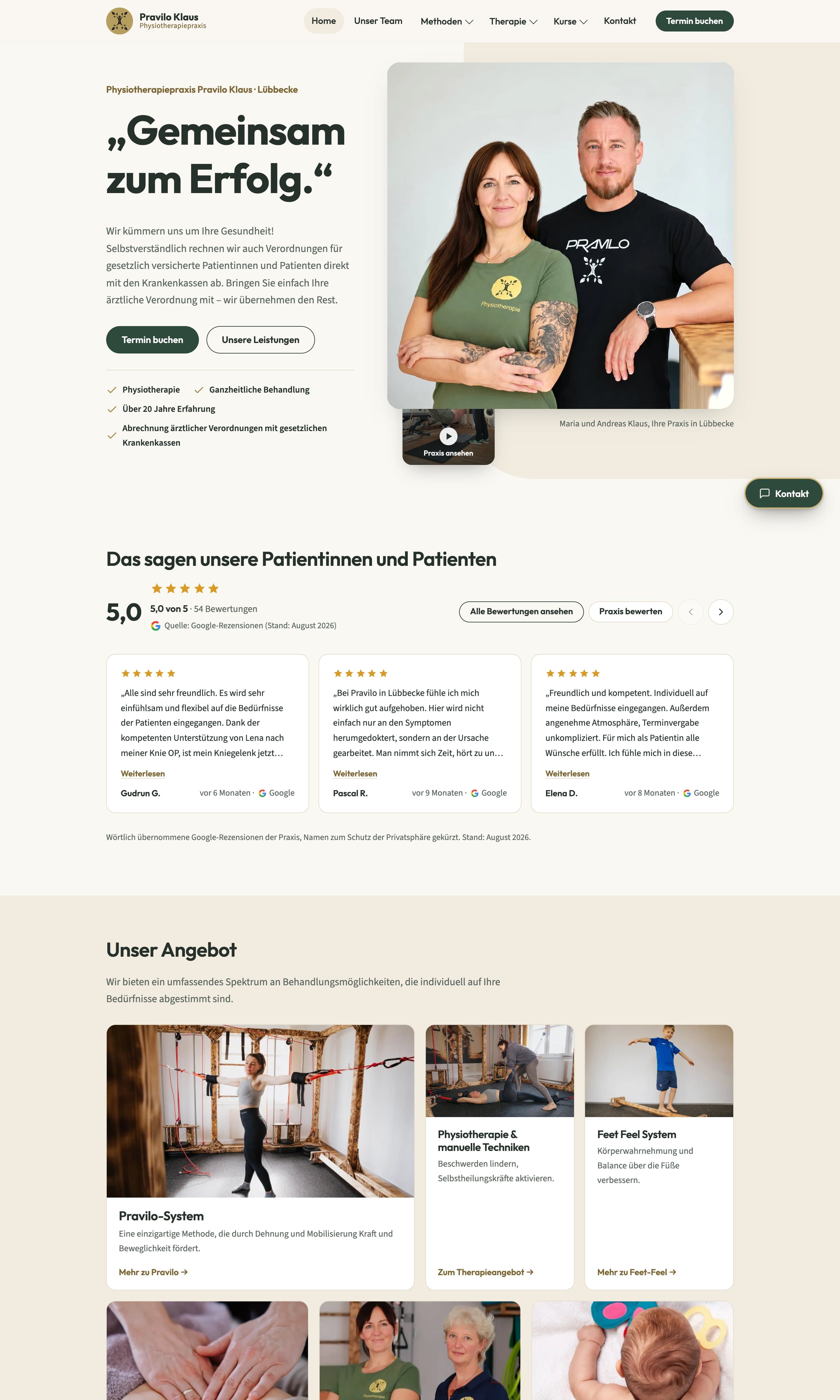 Startseite von pravilo-physio.de mit Maria und Andreas Klaus