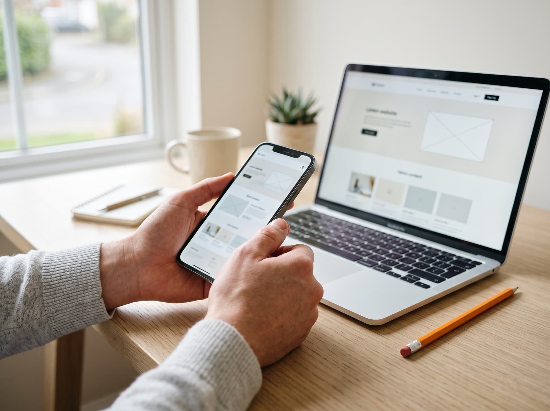 Hände halten ein Smartphone neben einem Laptop, beide zeigen denselben hellen Website-Entwurf