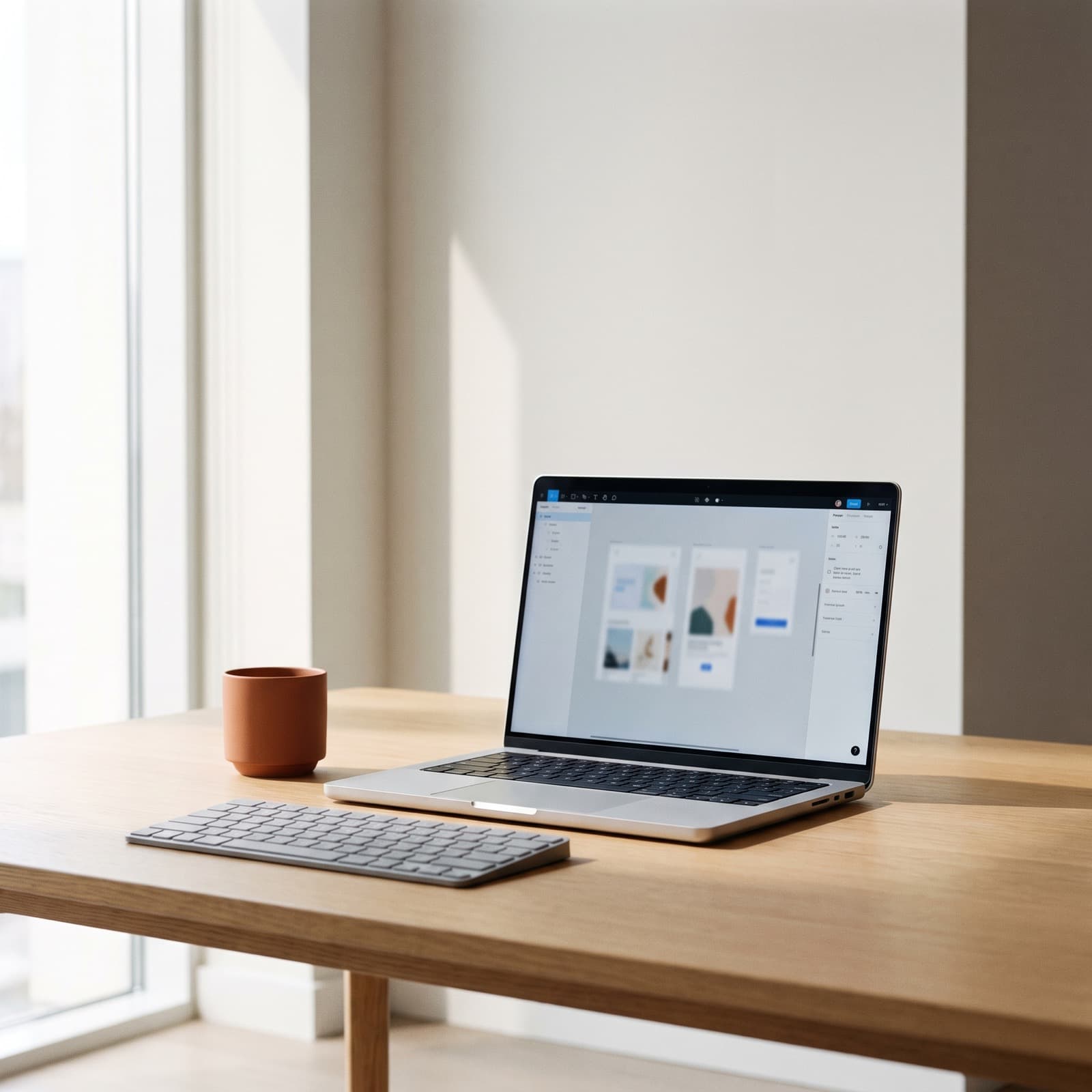 Aufgeklapptes Notebook mit Webdesign-Interface auf einem hellen Eichentisch im Studio